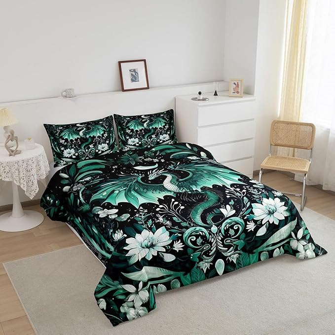 Feelyou Kids Dragon Comforter Set King Size, Green Dragon Bedding Set Dragon Lovers Comforter for Kids Boys Girls Boho Duvet Insert Room Decor 3Pcs