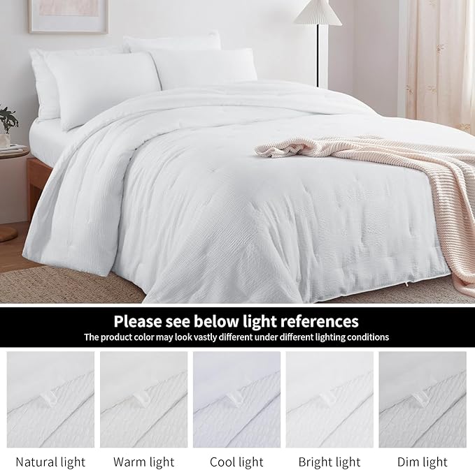 HOMBYS 3 Piece Seersucker Oversized King Comforter Set 120x128, Breathable White Soft Comforter Set, Lightweight Bedding Comforter Sets with Comforter for All Season