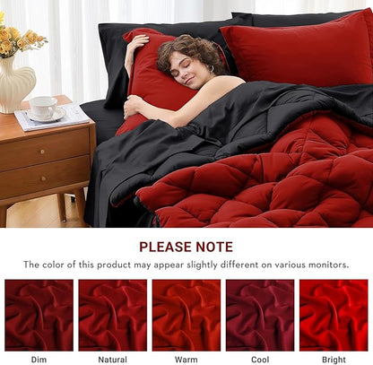 MUXHOMO 7 Pieces Oversized Queen Comforter Set, Reversible Bed in a Bag Oversized Queen Size, All Season Bedding Set with Comforter, Flat Sheet, Fitted Sheet, Pillowcases & Shams, Red & Black
