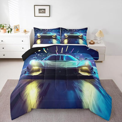 Erosebridal Racing Car Comforter Set - King Size Duvet Set Speed Car Quilt Set Extreme Sports Bedding Set for Kids Boys Teens Young Man Adults