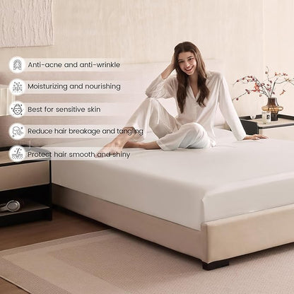 THXSILK 6A+ Top Grade 100% Pure Mulberry Silk Queen Fitted Sheet 3Pcs Set Bed Sheets Luxury Bedding for Hair and Skin Breathable Cooling Safe Material, 1 Fitted Sheet with 2 Pillowcases, Pearl White