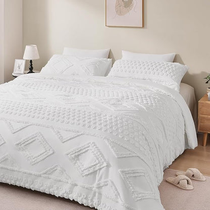 Boho King Comforter Set White with Sheets, 3 Pieces Tufted King Comforter Sets Boho Bedding Cream Soft Warm Neutral Comforter Sets for All Seasons
