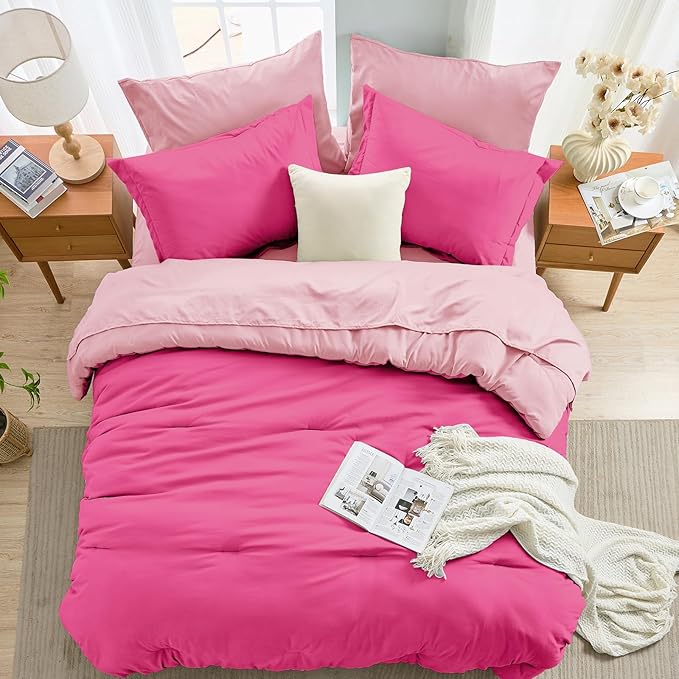 MUXHOMO 7 Pieces Full Comforter Set, Soft Bed in a Bag Full Size, All Season Bedding Set with Comforter, Flat Sheet, Fitted Sheet, Pillowcases & Shams, Hot Pink & Baby Pink