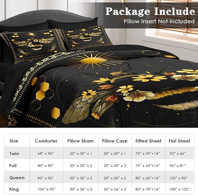 Comforter Set Queen Size, Bee Yellow Sweet 7 Pcs Bedding for Kids and Adults, Vintage Sunflower Black Bed Sheet Sets with Fitted Sheet 2 Pillowcases & 2 Shams for Bedroom Bed Decor
