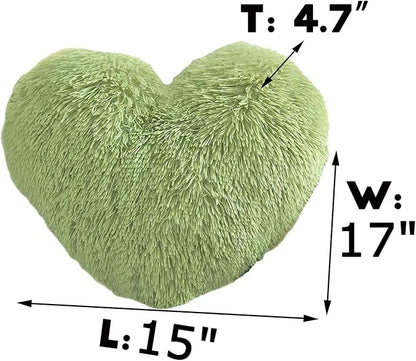 MorroMorn Fluffy Heart Throw Pillows, Shaggy Decorative Pillow for Sofa Couch Bed, Cute Room Decor Decorations for Women Girls Kids (Green)