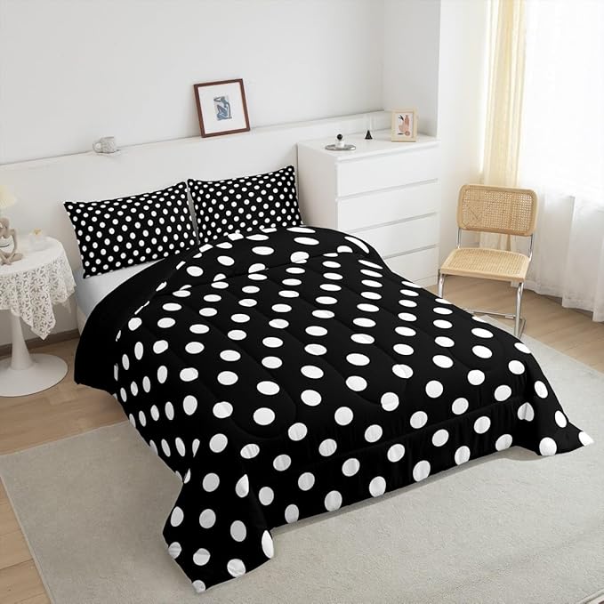Manfei Polka Dots Comforter Set King Size,Cartoon French Style Dots Black White Bedding Set for Adults Room,Modern Geometric Circles Abstract Simple Art Comforter,3 Pcs 2 Pillowcases
