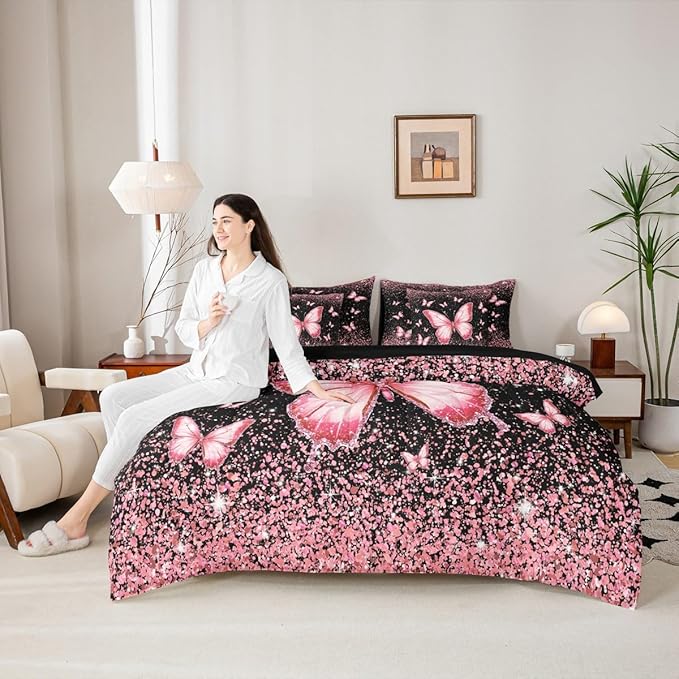 Feelyou Pink Butterfly 7 Piece Bedding Set Glitter Print Comforter Set with Sheets for Kids Boys Girls Pretty Animal Bed in a Bag Beautiful Butterfly Bed Set Soft Lightweight
