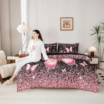 Feelyou Pink Butterfly 7 Piece Bedding Set Glitter Print Comforter Set with Sheets for Kids Boys Girls Pretty Animal Bed in a Bag Beautiful Butterfly Bed Set Soft Lightweight