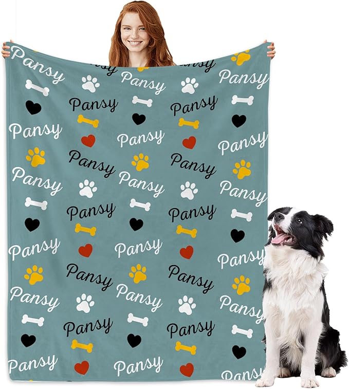 Personalized Dog Blankets with Name, Custom Paw Print Blanket for Large Medium Small Dogs Christmas, Birthday Gifts, Soft Throw Puppy Blanket - Customized Memorial Blanket Gifts for Pet Lovers