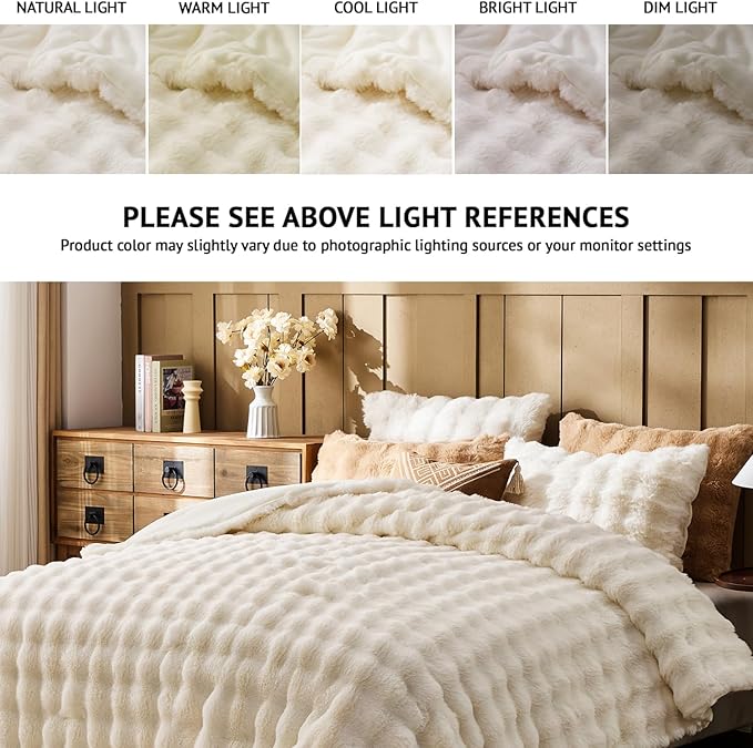 Lotus Karen Faux Fur Full Comforter Set – Cream White Fluffy Comforter Full Size, Big Bubble Faux Rabbit Fur Bedding Comforter Sets, Warm Cozy Fuzzy Bed Set 3 Pieces, 1 Comforter and 2 Pillowcases