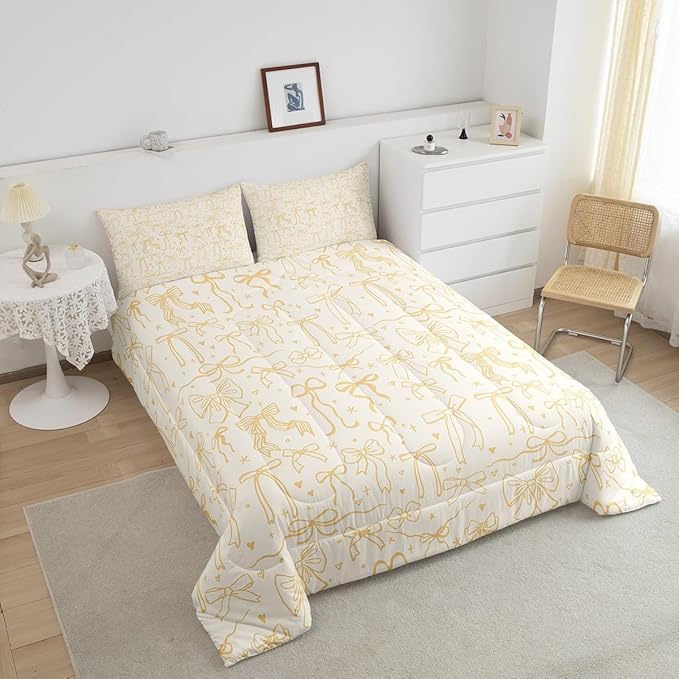 Castle Fairy Bowknot Kids Comforter Set Twin Size,Cartoon Bow Tie Butterfly Knot Quilt Set for Girls Boys Woman,Princess Girls Bedding Set,Bow Stars Love Yellow Girly Duvet Insert,1 Pillowcase