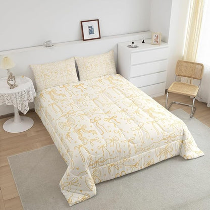 Castle Fairy Bowknot Kids Comforter Set Twin Size,Cartoon Bow Tie Butterfly Knot Quilt Set for Girls Boys Woman,Princess Girls Bedding Set,Bow Stars Love Yellow Girly Duvet Insert,1 Pillowcase