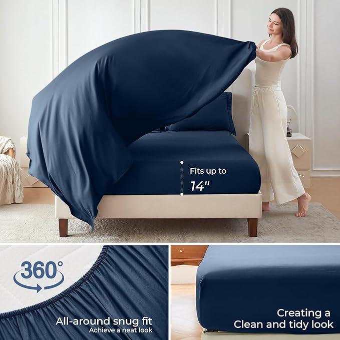 Sasttie King Size Comforter Set, 7 Pieces Bed in a Bag King, Complete Bedding Set Includes Comforter, Flat Sheet, Fitted Sheet, Pillowcases and Pillow Shams, Navy