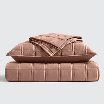 EVERGRACE 3 Pieces Luxurious Velvet Quilt Queen Size, Ultra Soft Bedspread Coverlet Set, Double Box Stitch Lightweight Velvet Comforter for All Season with 2 Shams, Terracotta Clay, 108"x96"
