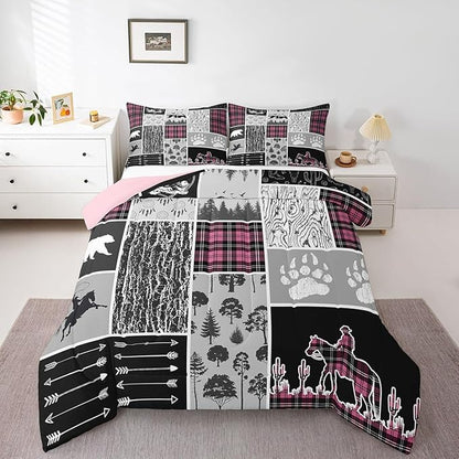 Erosebridal Western Comforter Set Toddler,Bear Horse Cowboy Bedding Set,Pink Geometric Buffalo Grid Quilt,Rustic Famrhouse Duvet Insert Dream Catcher Arrow Decor 2Pcs for Kids Boys Teens Bedroom