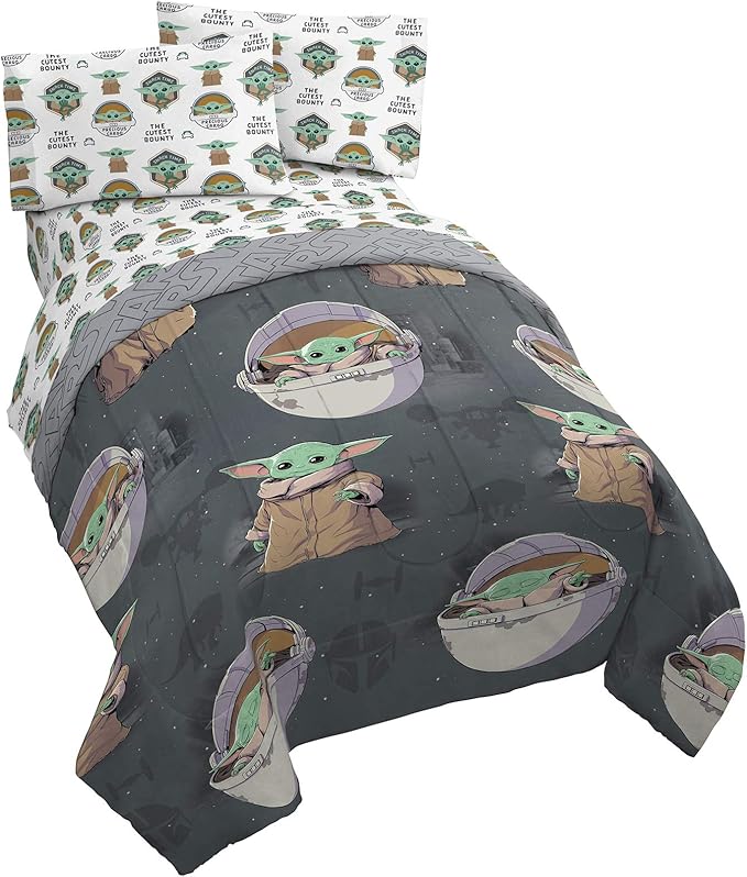 Jay Franco Star Wars The Mandalorian The Child 5 Piece Full Bed Set - Includes Reversible Comforter & Sheet Set - Bedding Features Baby Yoda - Super Soft Fade Resistant Microfiber