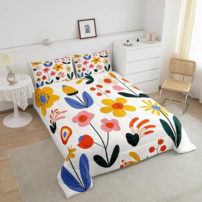 Hippie Floral Bedding Sets Full Size,Groovy Flowers Leaves Cartoon Sketch Reversible Comforter Set Breathable Polyester Quilt Set,Vintage 80s Retro Bohemian Duvet Insert,2 Pillowcases