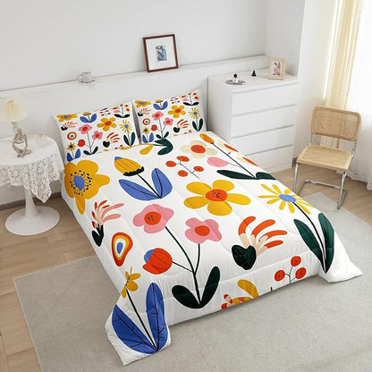 Hippie Floral Kids Comforter Set Queen Size,Groovy Flowers Leaves Cartoon Sketch Reversible Bedding Set for Bedroom Soft Decor Vintage 80s Retro Bohemian Quilted Duvet,2 Pillowcases