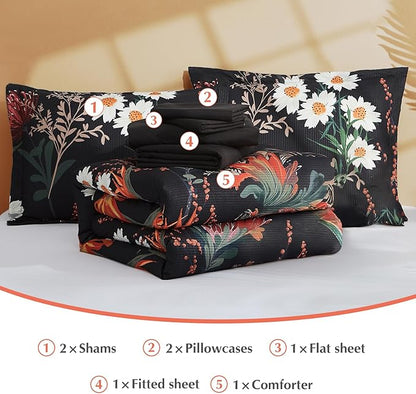 CASAAGUSTO King Size Comforter Set, 7 PCS Black Shore Floral Comforter Set with Flowers Leaves Pattern, Soft All Season King Bedding Set (102"X90")
