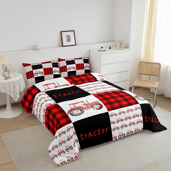Erosebridal Tractor Bedding Set Red Tractor Comforter for Boys Kids Girls Teens Equipment Truck Comforter Set King Buffalo Plaid Down Comforter Farmhouse Harvester Grid Quilt Set, Black