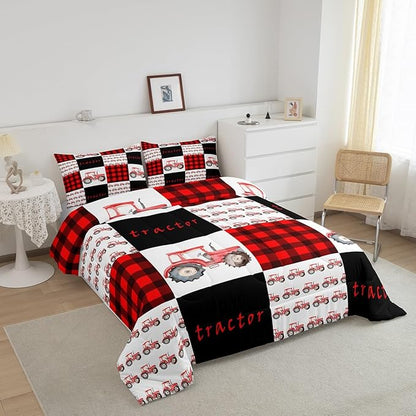 Erosebridal Tractor Bedding Set Red Tractor Comforter for Boys Kids Girls Teens Equipment Truck Comforter Set King Buffalo Plaid Down Comforter Farmhouse Harvester Grid Quilt Set, Black