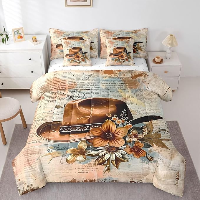 Erosebridal Western Cowboy 7 Piece Comforter Set Full | Country Western Hats Bed in A Bag Hippie Blooming Floral Sheet Set Reversible American Wild West Fitted Sheet Breathable Lightweight