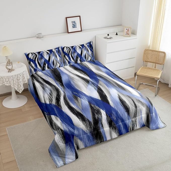 Erosebridal Geometric Stripes Comforter Queen Modern Abstract Comforter Set Black Grey Navy Blue Bedding Set for Kids Boys Girls Teen Swirl Lines Quilt Duvet Room Decor 3 Pcs