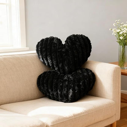 2 Pcs Black Heart Throw Pillows, 16 Inch Soft Fluffy Heart-Shaped Comfort Pillows with Calming Texture, Hug Pressure for Relaxing Moments, Ideal for Sofa, Reading, and Naps (Black)