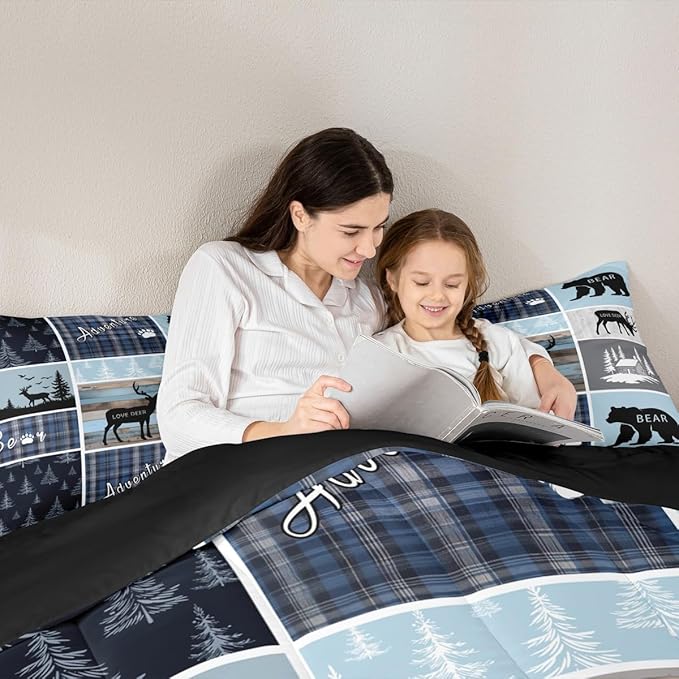 Cabin Rustic Bedding, Full Bear Deer Woodland Animals Comforter Set For Kids Boys Teens Adult, Wildlife Hunting Lodge Quilt Blue Patchwork Plaid Duvet Insert Vintage Country Farmhouse Down Comforter