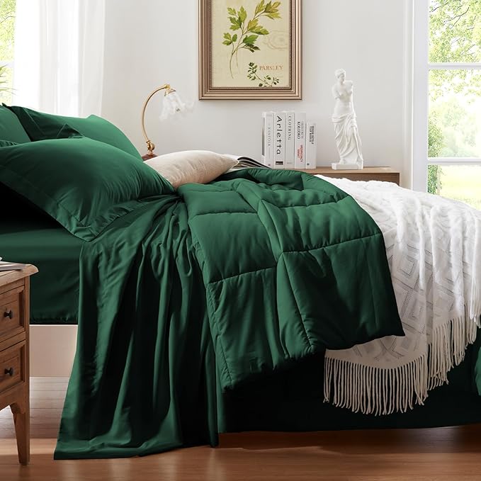 Anluoer Queen Comforter Set 7 Piece, Emerald Green Bed in a Bag with Sheets, Comforters Queen Size Bedding Sets with 1 Comforter, 2 Pillow Shams, 2 Pillowcases, 1 Flat Sheet,1 Fitted Sheet