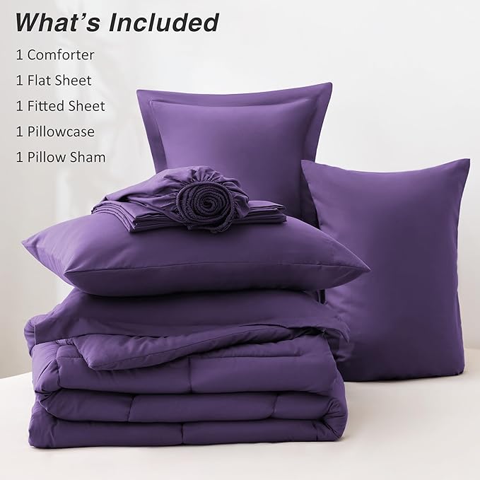 Love's cabin Twin Comforter Set Dark Purple, 5 Pieces Twin Bed in a Bag, All Season Bedding Sets with 1 Comforter, 1 Flat Sheet, 1 Fitted Sheet, 1 Pillowcase and 1 Pillow Sham