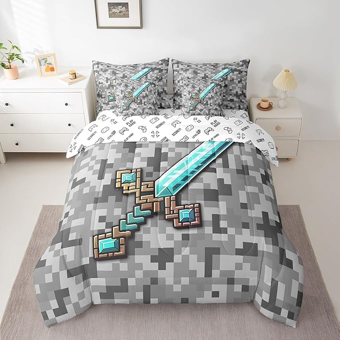 Cartoon Sword 7Pcs Comforter Set King Size,Pixelated Themed Games Bedding Set,Blue Sandbox Block Fitted Flat Sheet for Kids Boys Teens Men Room Decor,Grey Check Camo 2 Throw Pillow,2 Pillowcases