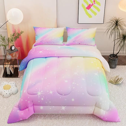 Pink Rainbow Comforter Sets for Girls Kids Adults,3D Pattern with Bright Colors,Decorative Bedding Comforter Sets with 2 Pillow Shams, King Size