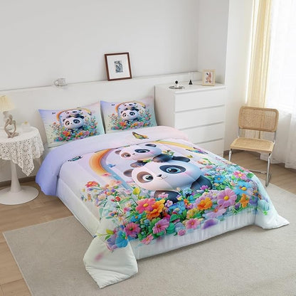 Manfei Cute Panda Bedding Comforter Sets King,Watercolor 3D Panda Bear Black White Bedding Set for Bedroom Decoration,Flowers Leaves Deamy Butterfly with 1 Comforter and 2 Pillow Cases Bedroom Decor