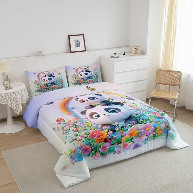 Manfei Cute Panda Bedding Comforter Sets Queen,Watercolor 3D Panda Bear Black White Bedding Set for Bedroom Decoration,Flowers Leaves Deamy Butterfly with 1 Comforter and 2 Pillow Cases Bedroom Decor