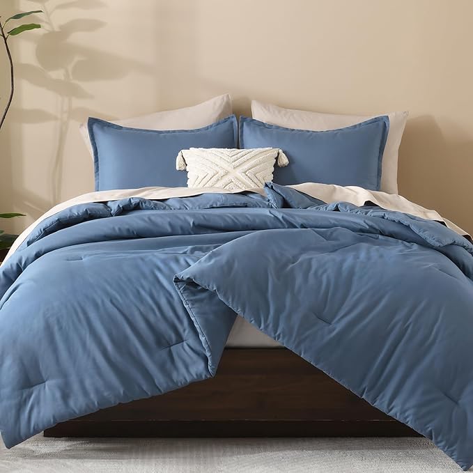 Litanika Haze Blue Comforters Oversized King Size, 3 Pieces Lightweight Solid Bedding Comforter Set, All Season Fluffy Bed Set (120x98In Comforter & 2 Pillowcases)