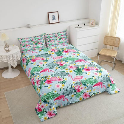 Pink Flamingo Kids Comforter Set Full Size,Palm Leaves Flowers Rustic Bedding Set,Boys Girls Adults Room Decor,Tropical Plants Animals Dots Down Comforter,Blue Dreamy Duvet Insert,2 Pillowcases