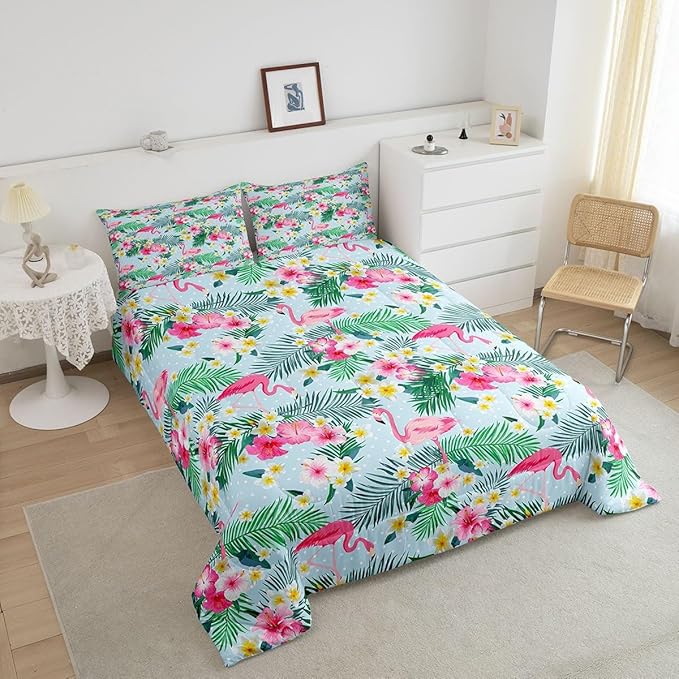 Pink Flamingo Kids Comforter Set King Size,Palm Leaves Flowers Rustic Bedding Set,Boys Girls Adults Room Decor,Tropical Plants Animals Dots Down Comforter,Blue Dreamy Duvet Insert,2 Pillowcases