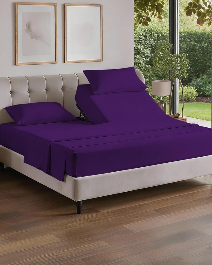 Flex Top Split Head King 4 Piece Sheet Set - Comfy Breathable & Cooling Bed Sheets Set - Hotel Luxury Bedding for Women, Men, Kids, Teens, Boys & Girls - Deep Pockets, Ultra-Soft - Oeko-Tex - Purple