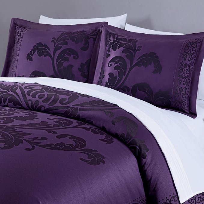 Chezmoi Collection Valor 7-Piece Queen Bed in a Bag, Purple/Dark Purple Luxury Jacquard Floral Comforter with Sheets Set for All Season