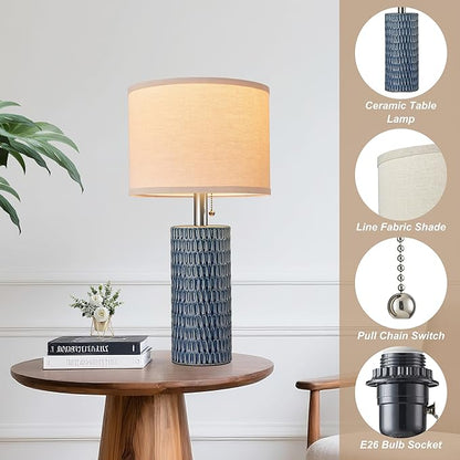 20.5" Modern Ceramic Table Lamps for Bedroom Set of 2, Bedside Lamps for Night Stands with Beige Lampshade, Farmhouse Table Lamp for Living Room Office Dorm, Blue