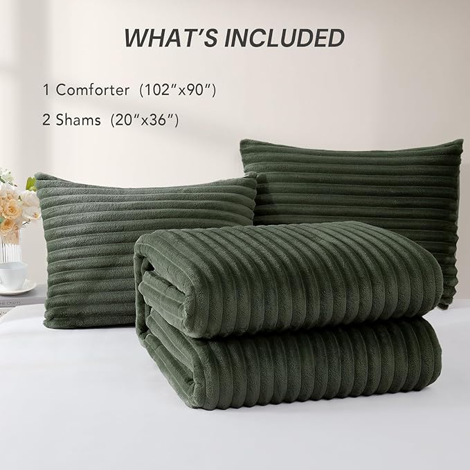Geniospin Fleece King Size Comforter Set, Soft Fuzzy Fleece King Bedding Set, 3-Pieces Olive Green Comforter Set for All Season, Warm Fluffy Comforter with 2 Pillow Cases