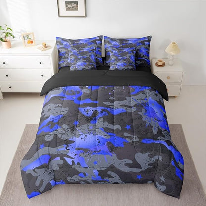 Erosebridal Stars King Comforter Set Graffiti 7-Piece Bed in A Bag Ink Splash Camouflage Watercolor Sheets and Pillowcases Grey Blue Bed Sets