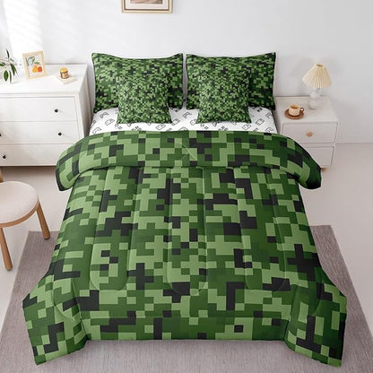 Green Camo 7Pcs Comforter Set King,Army Green Camouflage Bedding Set for Kids Boys Teens Men Room Decor,Geometric Grid Patchwork Fitted Flat Sheet Reversible Gamepad 2 Throw Pillow,2 Pillowcases