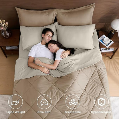 HEVUMYI Khaki & Linen Full Comforter Set - 7-Piece All Season Bed in a Bag Full, Ultra Soft Bedding Set with Comforter, Flat Sheet, Fitted Sheet, Pillowcases, Pillow Shams