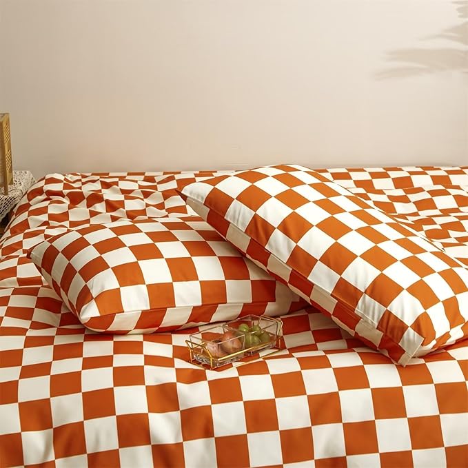 Houseri Burnt Orange Plaid Comforter Set White and Bedding Sets Twin Rust Grid Buffalo Checkered Kids Terracotta Gingham Size, Twin(68''*90''-Comforter)