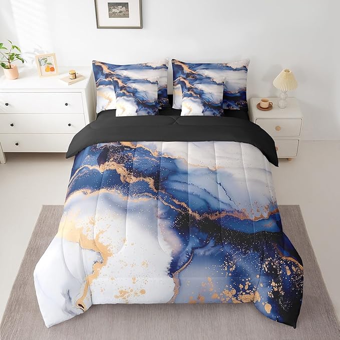 Navy Blue Watercolor Bedding Comforter Sets 7pcs Aesthetic Marble Bed in a Bag, Modern Abstract Foil Print King Bedding Sets Marbling Printed Comforter Set, Stone Pattern Bedding Sets & Collections