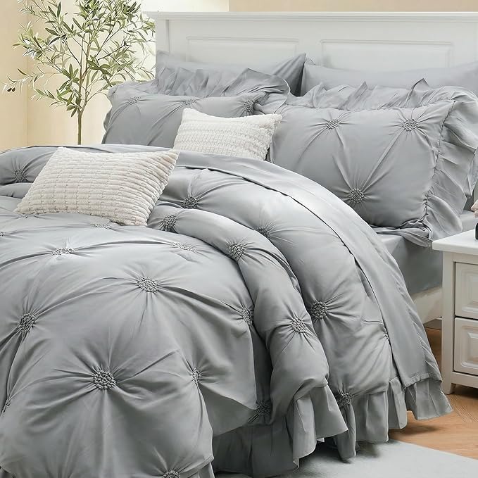 Bedbay Grey Ruffle Comforter Set Queen Size 9 Pcs,Boho Queen Comforter Set with Sheets,Pinch Pleat Bedding Set,Farmhouse Comforter Bed Set,Microfiber Exquisite Ruffle Duvet Set