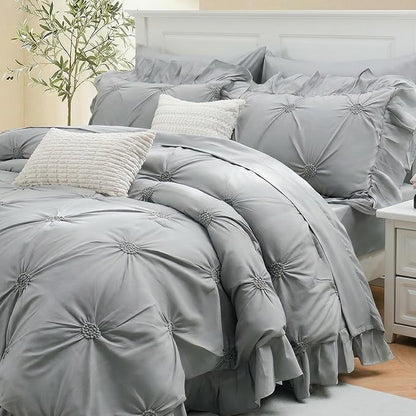 Bedbay Grey Ruffle Comforter Set Queen Size 9 Pcs,Boho Queen Comforter Set with Sheets,Pinch Pleat Bedding Set,Farmhouse Comforter Bed Set,Microfiber Exquisite Ruffle Duvet Set