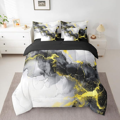 Erosebridal Yellow Black Marble Twin Comforter Set 7-Piece Watercolor Marbling Bedding Comforter Sets, Stone Pattern Bed in a Bag Modern Abstract Art Bedding Set, Retro Ink Painting Bed Sheets Set